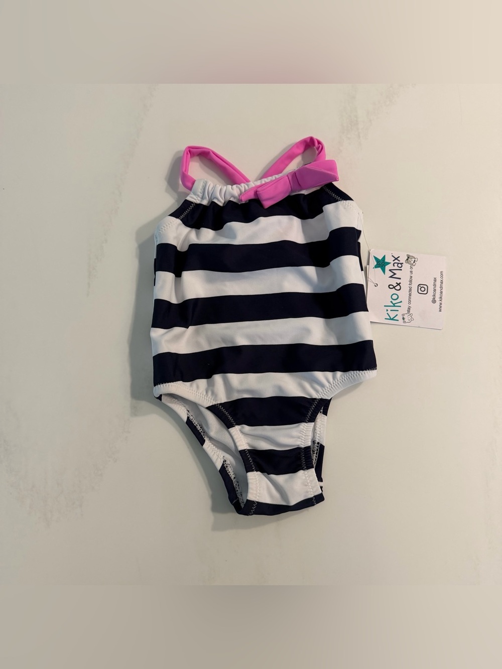 Kiko & Max Girls' Navy & White Striped One-Piece Swimsuit with Pink Straps/Bow